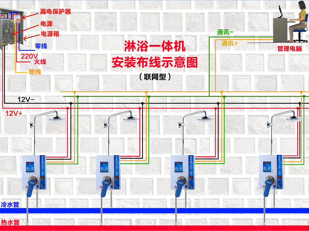 淋浴一体水控机布线示意图